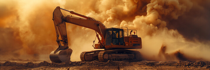 Excavator on Sand with Warm Tone Wide Shot