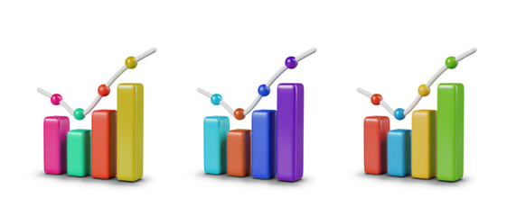 Set of colored bar charts in 3D style. Vector templates for concepts of analytics, statistics
