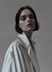 Wall Mural - A young woman with short dark hair and light makeup is wearing a white blazer.

