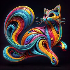 Wall Mural - This vibrant and surreal digital art showcases a stylized cat with a flowing, multicolored ribbon-like body, featuring a spectrum of hues.