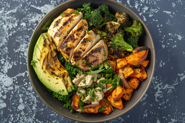 Wall Mural - A bowl of food with chicken, broccoli, and carrots. The bowl is on a gray surface