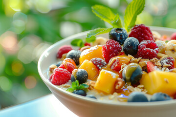 Wall Mural - A bowl of fruit salad with blueberries, raspberries, and bananas. The bowl is white and the fruit is fresh and colorful