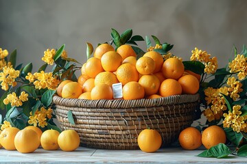 Wall Mural - A basket full of oranges is placed on a table