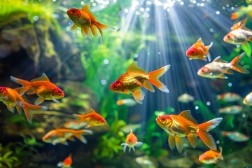 Wall Mural - School of goldfish swimming in an aquarium