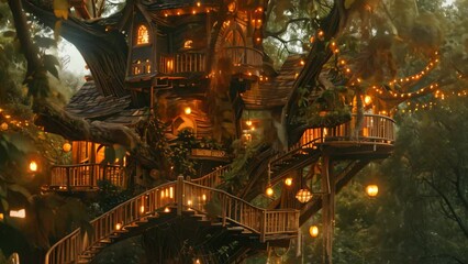 Wall Mural - A treehouse with winding staircases surrounded by dense forest foliage, A whimsical treehouse with winding staircases and hanging lanterns