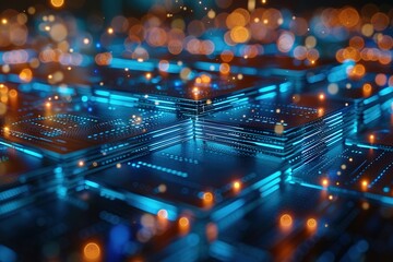 a computer chip with blue and orange lights