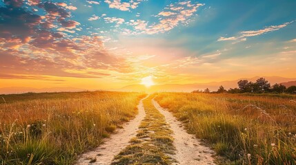 Wall Mural - Scenic pathway encircling a meadow during the transition from blue to orange skies Offering breathtaking scenery for jogging