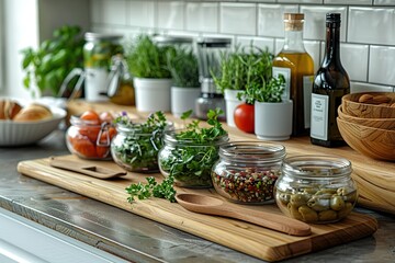 Wall Mural - A wooden cutting board with a variety of jars of herbs and spices on it