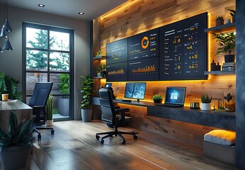 Wall Mural - A modern office with a large monitor on the wall