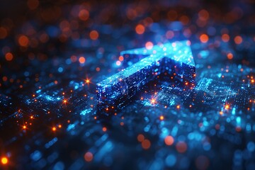 Wall Mural - a blue arrow is on a blue background with a lot of glowing lights