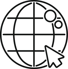 Sticker - Simple, bold line icon of a cursor clicking on a world globe, representing global network access and connectivity