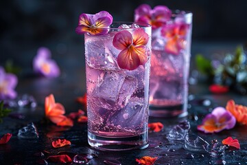 Wall Mural - Two glasses of pink drink with flowers on top