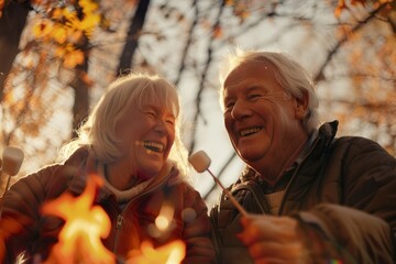 A close-up photo of a senior man and woman roasting marshmallows over a campfire in the fall, smiling and laughing joyfully