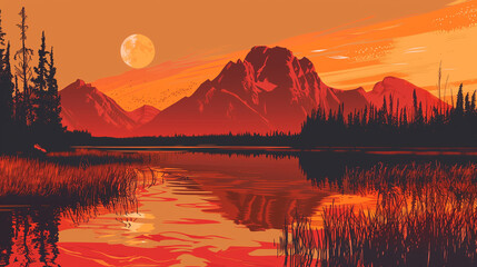 Wall Mural - illustration, Vermilion lakes in summer, canada, during sunrise, Canadian rocky mountains. Must-see touristic spot in nature in Banff National Park, Alberta, Canada. Wonderful nature scenery during ea