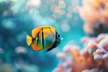 Wall Mural - A close-up photo of a butterflyfish swimming near the surface of a saltwater aquarium