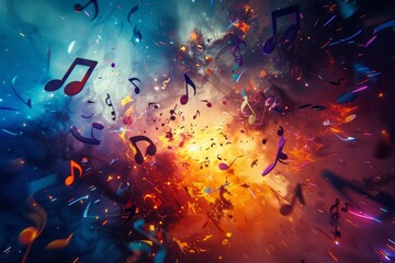 Wall Mural - A colorful and abstract photo capturing a vibrant explosion of music notes, signs, and light on a bright background