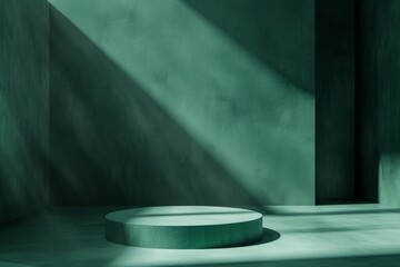 a dark green podium stage, bathed in spotlight, creates a dramatic ambiance for product display