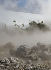 Canvas Print - Russia. Kuril Islands. A picturesque floating thermal spring (Boiling river) near the volcano Baranovsky on the island of Iturup, whose water temperature at the source reaches 80 degrees.