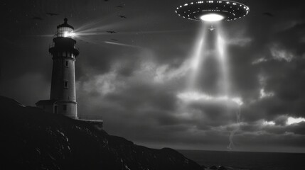 Wall Mural - A close-up view of a UFO near a lighthouse at night, in black and white.