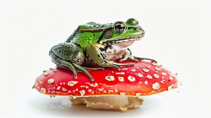 Canvas Print - A green frog sits on a red mushroom with white spots, isolated against a white background.