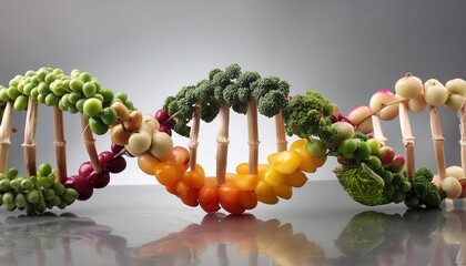 Wall Mural - Nutrigenetics DNA strand concept is made with healthy fresh vegetables and fruits