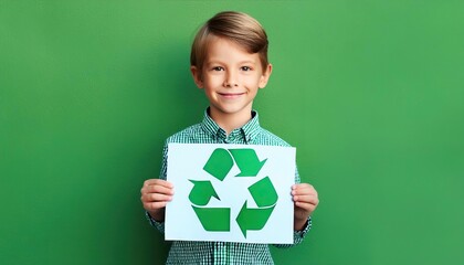  little kid holding recycle sign on green background 