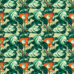 Wall Mural - Pattern of lush green caladium plants in terracotta pots on a light green background.