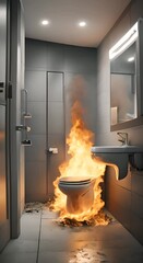 Wall Mural - An office toilet cubicle in flames after being hit by a tank shell 4k