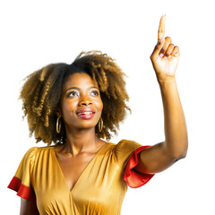 Smiling woman pointing upwards on a transparent background