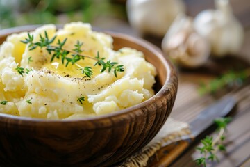 Canvas Print - Close-up of a bowl of creamy mashed potatoes topped with fresh thyme and garlic butter