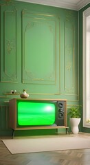 Wall Mural - TV with green screen on a wooden table 4k