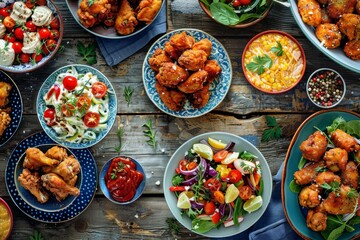 Wall Mural - A table laid out with various dishes, featuring a spread of crispy chicken wings and colorful salads