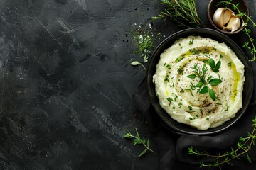 Wall Mural - Close-up of a bowl of homemade mashed potatoes topped with herbs and garlic butter on a black background
