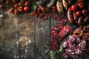Wall Mural - A rustic wooden table with an assortment of dry-cured sausages, including fuet and chorizo slices, scattered across the surface