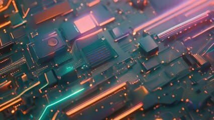 Poster - Detailed close-up of a computer motherboard showing circuits, transistors, capacitors, and other electronic components, An abstract representation of the inner workings of a computer chip