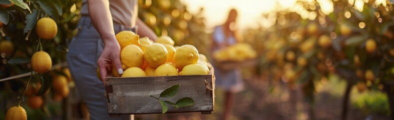 Wall Mural - Person Placing Lemons Into Wooden Crate at a Lemon Orchard During Golden Hour