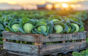Wall Mural - Freshly Harvested Green Cabbages In Wooden Crate At Sunset