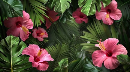 Wall Mural - Pink Hibiscus Flowers Blooming Amongst Lush Green Tropical Foliage