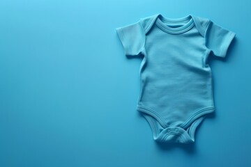 baby shirt bodysuit on blue background mockup flat lay. Copy space for text