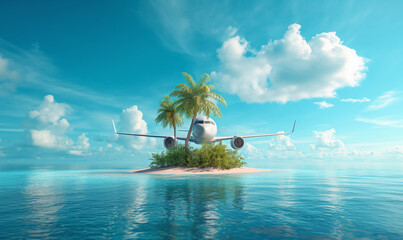 An airplane flies over a tropical island in the middle of the ocean. Vacation, vacation and travel concept. Tourism
