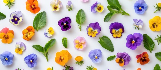 Canvas Print - Colorful spring flowers and leaves arranged in an artistic display on a white background - ideal for a floral design element. Embracing the themes of springtime and Easter, this top-view,