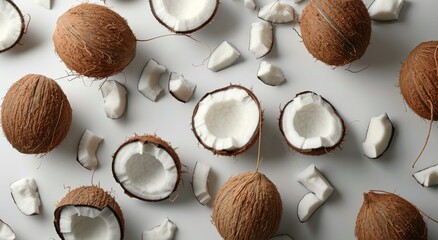 Whole and Halved Coconuts on White Background