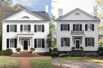 Wall Mural - Two photos showcasing the exterior of a white house with black shutters before and after a renovation. The home features a brick walkway leading to the front door