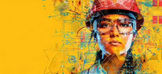 A young female construction worker wearing a hard hat and safety glasses is looking at the camera with a confident expression She is standing in front of a yellow background with a pattern of