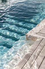 Wall Mural - Wooden Deck Edge Meeting Pool Water On Sunny Day