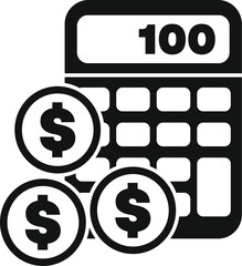 Wall Mural - Black and white icon of a calculator displaying the number 100 with dollar coins, symbolizing financial literacy and wealth building