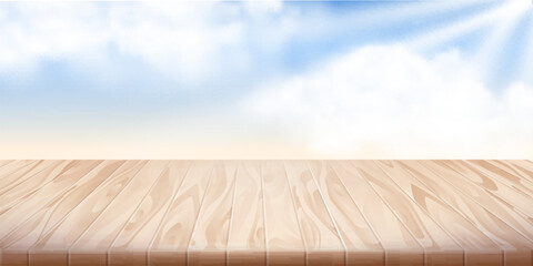 Wooden table and blue sunshine sky with clouds. Summer or spring picnic background. Empty space food table. Tabletop advertisement backdrop