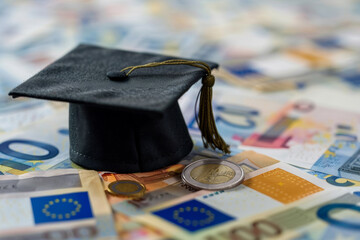 Black graduation hat on pile of Euro banknote background. International graduate study, exchange program, loans, financing of studies