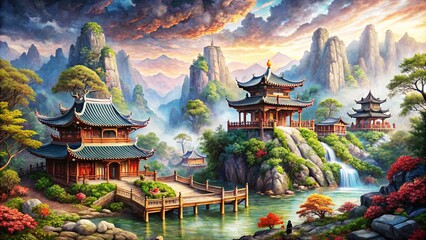 Chinese style fantasy scenes: A mystical tableau of a Chinese dwelling, veiled in mist and set against towering mountains.