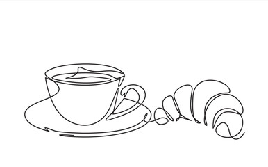 Wall Mural - Croissant and coffee drawn in one line style. Breakfast theme with linear pastry and coffee for logo and posters, simple sketch design. Vector illustration isolated on white background